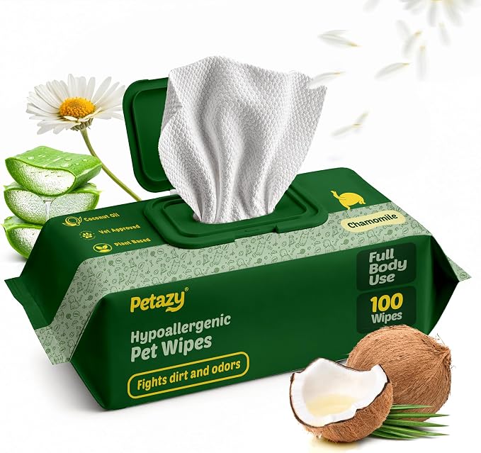 Pet Wipes for Dogs and Cats – 100 Count (8x8in) Hypoallergenic, Deodorizing Dog Wipes for Paws, Ears and Butt | XL with Aloe & Coconut Oil, Chamomile Scented | Travel Size, On-the-Go Pack