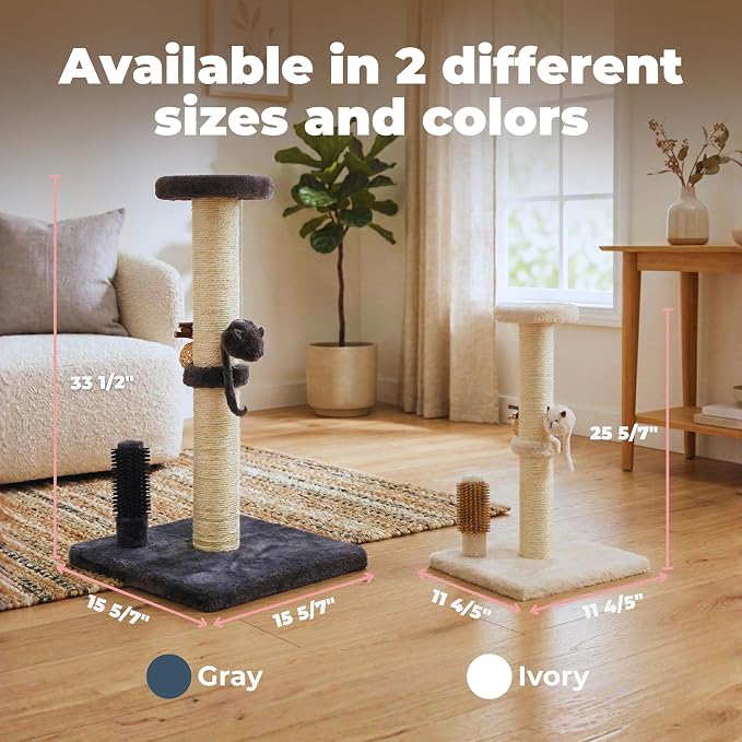 Best Pet Supplies Catify Cat Scratching Post - Gray H: 33" | 15" x 15" x 33", Interactive Cat Pole, Built-In Toys, Durable Sisal, Furniture Protector, For Indoor Kittens and Cats
