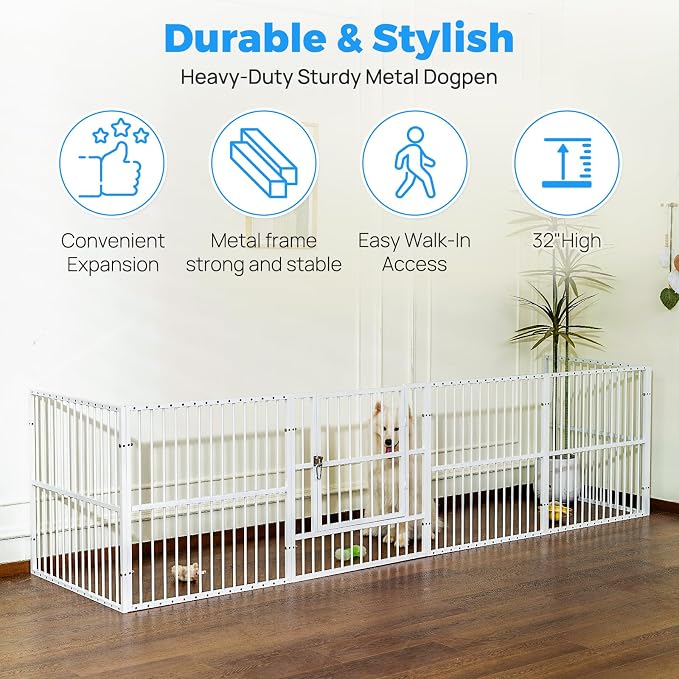 Dog Playpen 32" Height – Heavy Duty, Foldable | 25mm Steel Tubes, 40.8 lbs sturdy frame, rubber non-slip feet, indoor & outdoor, tool-free assembly, Small & Medium Dogs