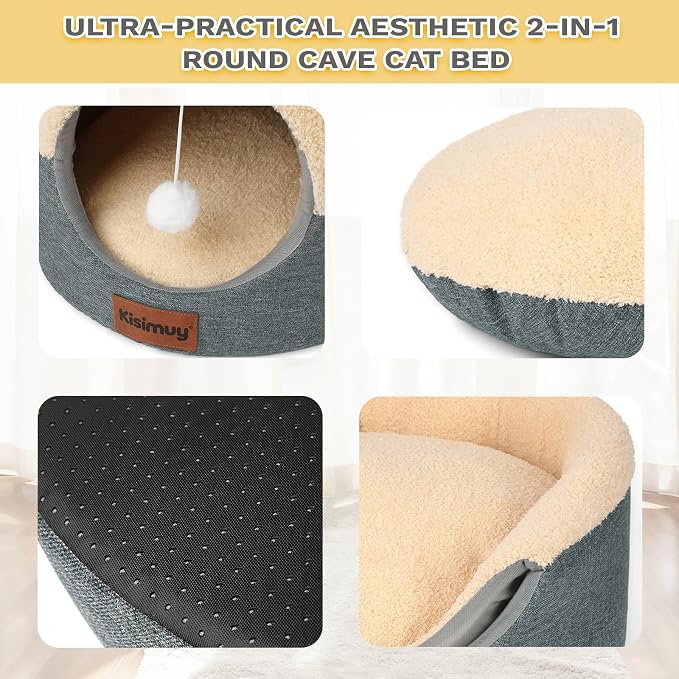 2-in-1 Foldable Cat Bed for Indoor Cats, Cat Cave & Sofa Bed | 17.7"D x 13.8"H, Reversible Plush & Linen Cushion,Enclosed Cat Bed, Hanging Cat Toys, Non-Slip, Small Dog Bed, Grey