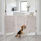 Lightnpro 3-Panel Carved Wooden Dog Gate – 54 Inch Foldable Freestanding Pet Barrier, White Wash Indoor Safety Fence for Small Dogs & Puppies – 24x18 Inch Panels