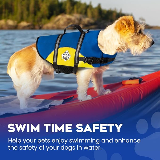 Dog Life Jacket — Premium Swim Vest with SafeChin Anti-Choke Collar | PAWS Aboard Blue & Yellow | RapidLift Rescue Handle, D-Ring, Reflective Trim | Boating, Kayaking, Pool | Medium (25–50 lbs)