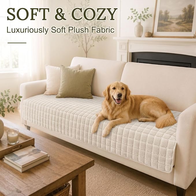 Smiry Velvet Couch Cover for Dogs, Non Slip Soft Sofa Protector for Pets | Washable Sofa Cover for Cats, Cozy Furniture Protector Against Pet Hair, Scratches, Fits Sectional Sofa(White, 36"x71")