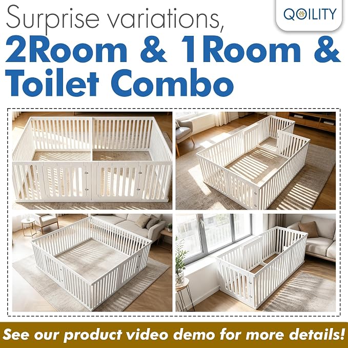 Indoor Dog Playpen w/Door, Modular 2 Room & Toilet Area, 12 Panels & 2 Doors, Height 25.6 Inch, White