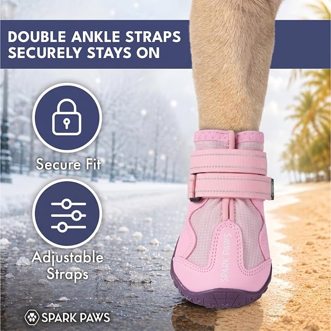 Spark Paws 365 Dog Shoes - All-Season Boots for Winter Snow & Hot Pavement | Water-resistant, anti-slip, stay-on straps - rain, ice & summer booties in one. Reflective; small, medium & large dogs