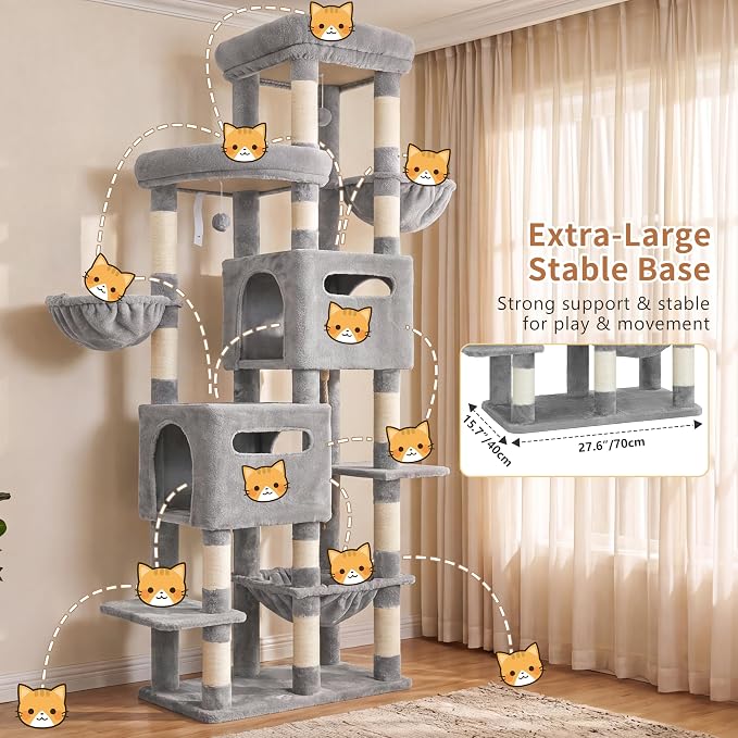 Heybly Cat Tree, 74.8-Inch Spacious & Tall Cat Tower for Large Cats HCT062W | Cat Furniture with Large Top Perch, Solid Base, 2 Cat Condos, Hanging Hammock, Durable Sisal Scratching Posts, Light Gray