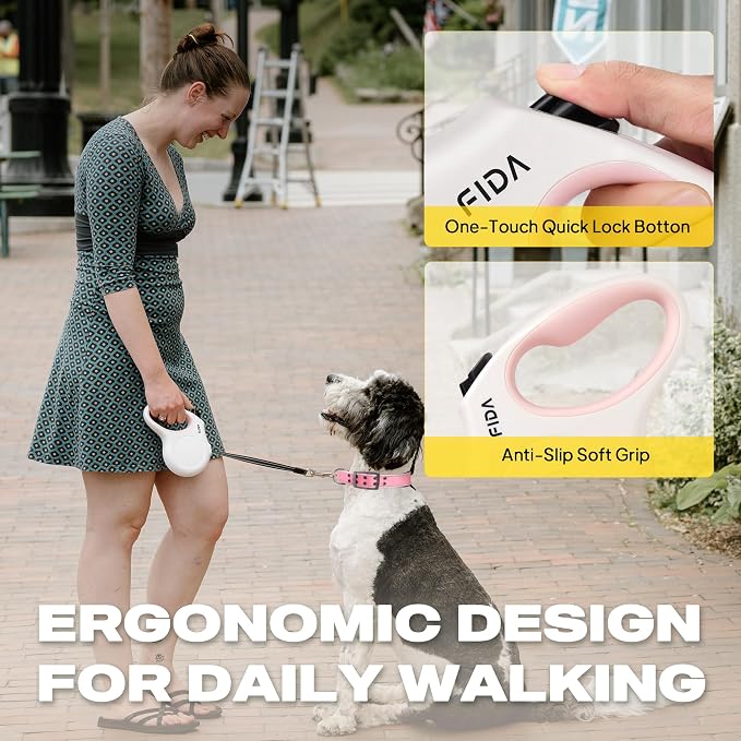 Fida Retractable Dog Leash, 16 ft Dog Walking Leash for Medium Dogs up to 44lbs, Tangle Free, White & Pink