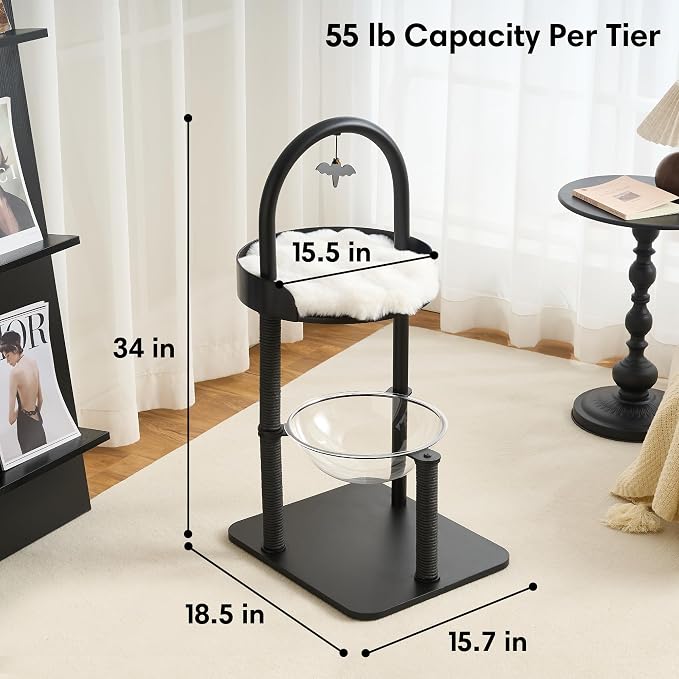 Modern Cat Tree, Wood Cat Tower with Steel Frame, Scratching Posts, Cat Capsule, Plush Mat, Bell Dangling Toy, Aesthetic Minimalist Heavy-Duty Cat Climbing Tree for Large Indoor Adult Cats-Black