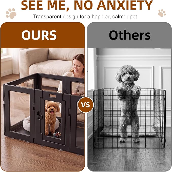 Clear Acrylic Dog Playpen Indoor, Puppy Cat Small Pet Play Pen, Easy Assemble & Disassemble Sturdy Plastic Dog Fence with Heavy Duty Door Lock (8 Panels - 24 in), Black