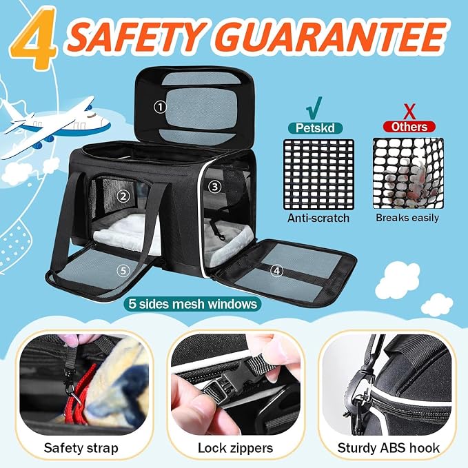 Petskd Top-Expandable Small Pet Carrier 18"x11"x11" Airline Approved | for Delta/American/United Airlines, Lockable Safety Zippers and Anti-Scratch Mesh, Soft-Sided, Pets Under 10 Lbs, Black