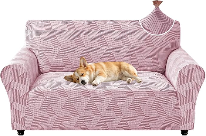 ZNSAYOTX Stretch Couch Covers for 2 Cushion Couch, 1-Piece Loveseat Covers Sofa Slipcover, Furniture Protector with Elastic Bottom for Dogs Geometrical Jacquard Fabric (Medium, Dusty Pink)