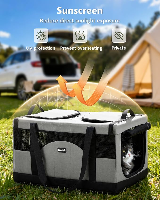 Pecute Cat Carrier, Soft Double Pet Crate for 2 Cats Travel, Gray | Anti-Collapse Steel Frame, Convertible Dual Space, Foldable, Polyester Breathable mesh, Up to 26 lbs, Car Travel & Vet Visits