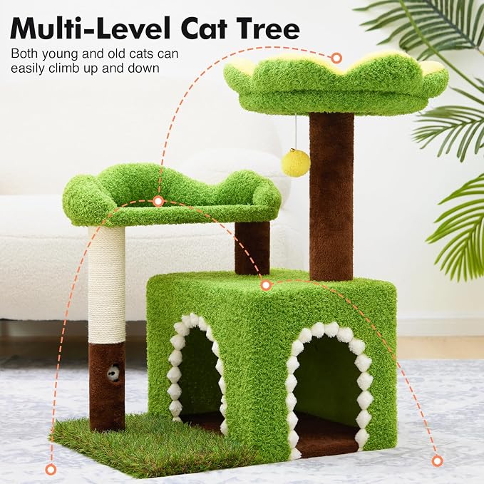 Woochpet Sunflower Short Cat Tree with Cat Scratching Posts Small Cat Tower | Cat Condo,Cat Perch,Cat Bed 3-in-1 Cat Scratcher for Small Cats and Kittens