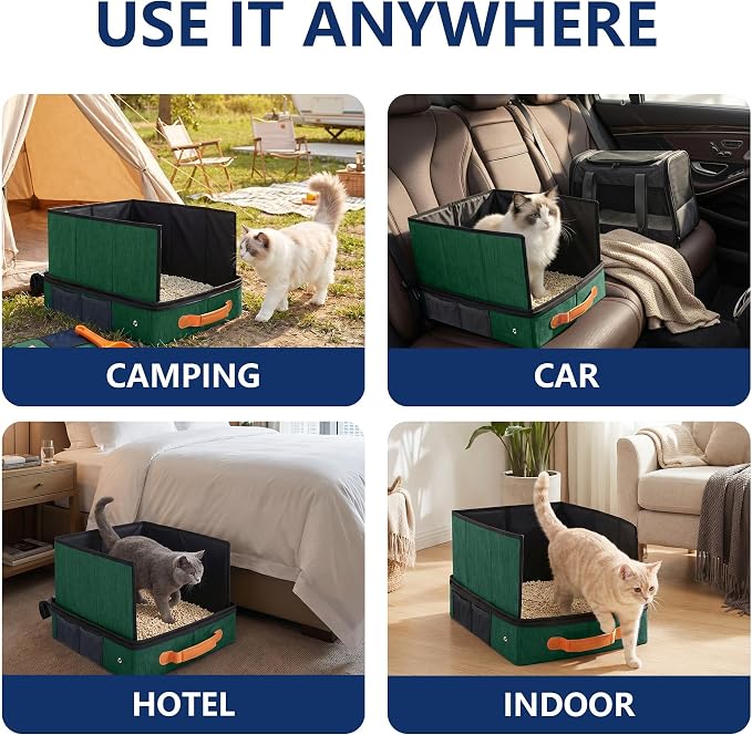 MORAIS Portable Travel Litter Box for Cats, 17.7"×13.5"×11" Collapsible Cat Litter Box with Lid, Leak-Proof Cat Litter Pan for Car Hotel Airplane, Waterproof & Easy to Carry- Green
