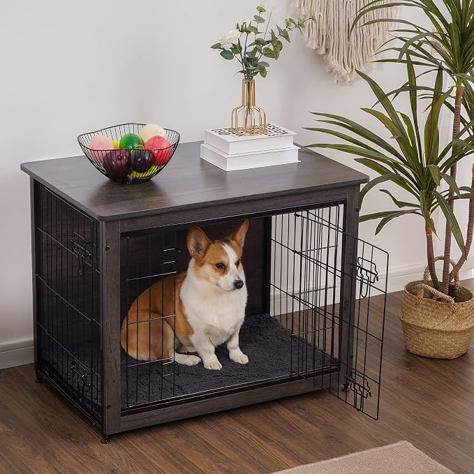 DWANTON Dog Crate Furniture with Cushion, Wooden Kennel Table with Double Doors, Indoor Dog House, Medium Size, 32.5" L, Dark Gray
