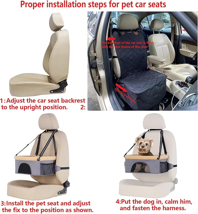 ROODO Dog Car Booster Seat with Safety Leash and Foldable Metal Frame for Small Pets up to 20 lbs Height-Adjustable Portable Puppy/Cat Car Seats with Plush Thick Cushion Mesh Window(Khaki)