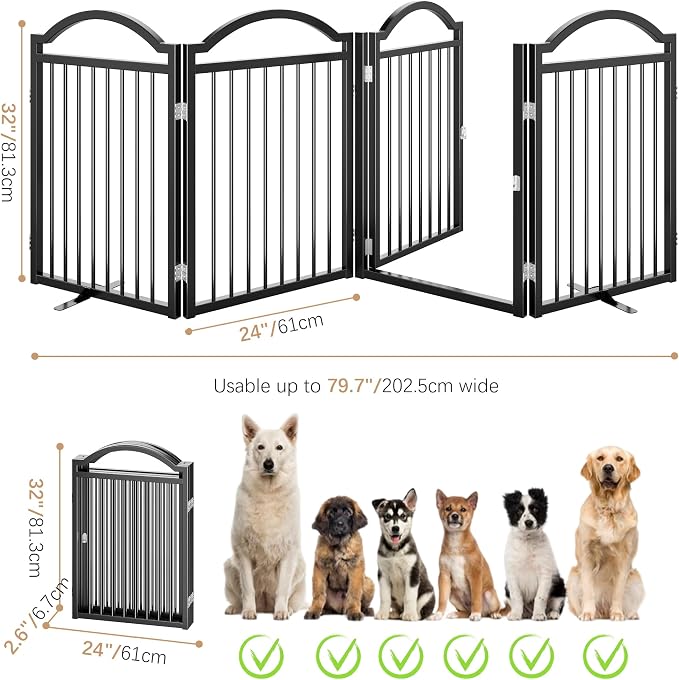 BHG Metal No-Assembly Freestanding Dog Gate with Door Walk Through, Extra Wide 96", Extra Tall 32" Pet Gate, Accordion Puppy Folding Playpen Dog Fence for Indoor & Outdoor, with 2PCS Support