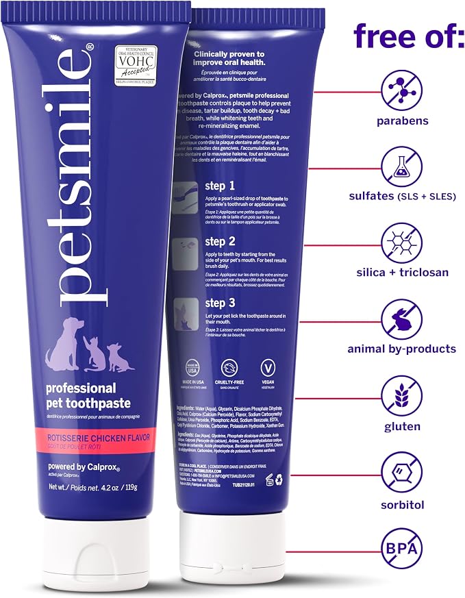 Petsmile VOHC Accepted Toothpaste, Rotisserie Chicken 4.2 Oz, Cats + Dogs | Pet-Approved, Calprox® Powered, Fights Plaque + Tartar, No-Brush Required, Human-Grade, 6-Month Supply, Clinically Proven