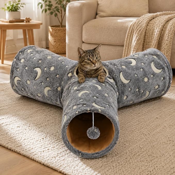 Cat Tube Tunnel with Plush Ball Toys Collapsible Self-Luminous, for Cat Small Pets Bunny Rabbits, Kittens, Ferrets,Puppy and Dogs Grey Moon Star 3 Way