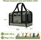 GAPZER Medium Cat Carrier Bag Lightweight, Soft-Sided Small Pet Carry Crate | 18 x 11 x 11 Light Weight Yorkie Kennel up to 15 lbs for Indoor House, Top Entry Bunny Canvas Bag Vet Visit Easy Clean Olive