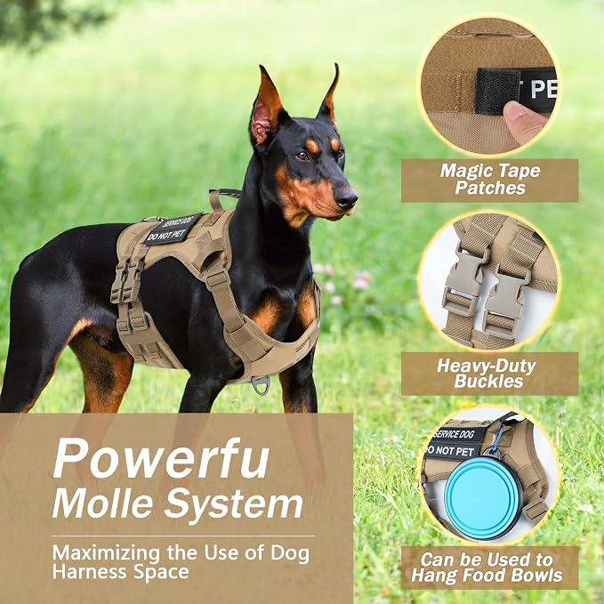 No Pull Tactical Dog Harness for Large Dogs, Service Dog Vest, XL, Brown | Tactical Dog Vest Harness and Leash Set, Adjustable Military Service Dog Harness with Handle for Medium Large Dogs
