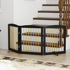 PUPETPO Freestanding Pet Gate for Dogs, Foldable Wooden Dog Gate for House, Indoor Dog Gate for Doorways, Stairs, Step Over Pet Puppy Safety Fence, Support Feet Included,24" Height 3 Panels,Black&Gold