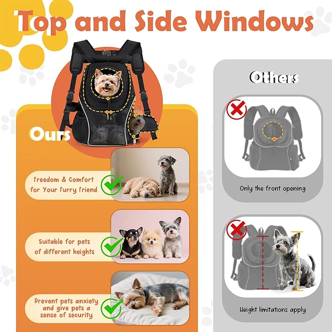 WOYYHO Pet Dog Carrier Backpack with Windows, Ventilated Small Dog Backpack | Breathable Top & Side Windows, Safety Belt, Storage Pockets, Small Dog Front Backpack, for Travel Hiking Outdoor, Black2.0, L