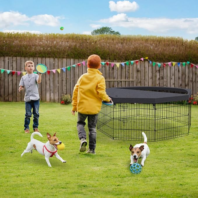 Peekaboo DogPlaypen 24 in-8 Panel Metal Rustproof Pet Fence with Top Cover | 24 Inch 8 Panel Foldable Metal Dog Playpen with Top Cover, GRS Certified Recycled Material