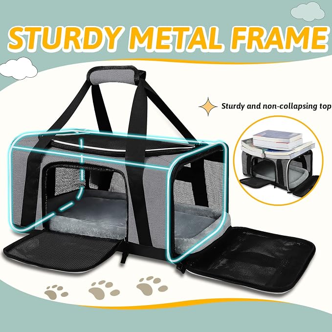 Petskd Small Pet Carrier 17" L x 11" W x 9.5" H Airline Approved, Grey | for Alaska Airlines, Lockable Safety Zippers and Anti-Scratch Mesh, Pets Under 10 lbs
