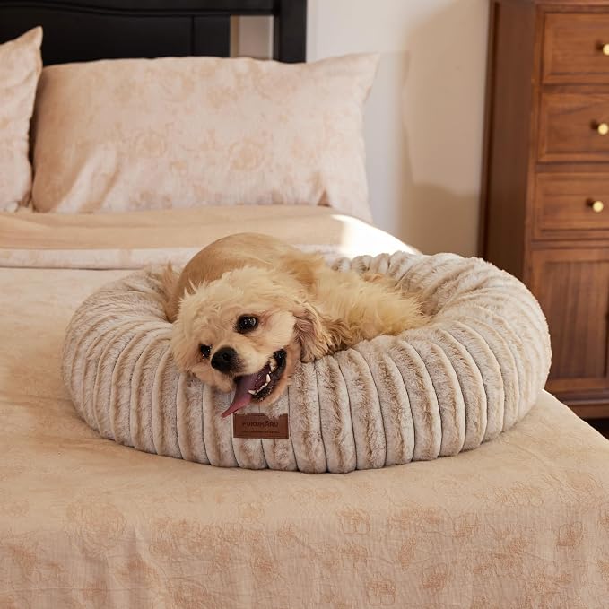 FUKUMARU Small Dog Bed, 25" Orthopedic Dog Bed for Puppies, Donut Cat Beds | Gradient Color Calming Donut Dog Beds for Small Dogs, Round Pet Bed with Washable Cover, Cute Cat Bed for Indoor Cats, Camel