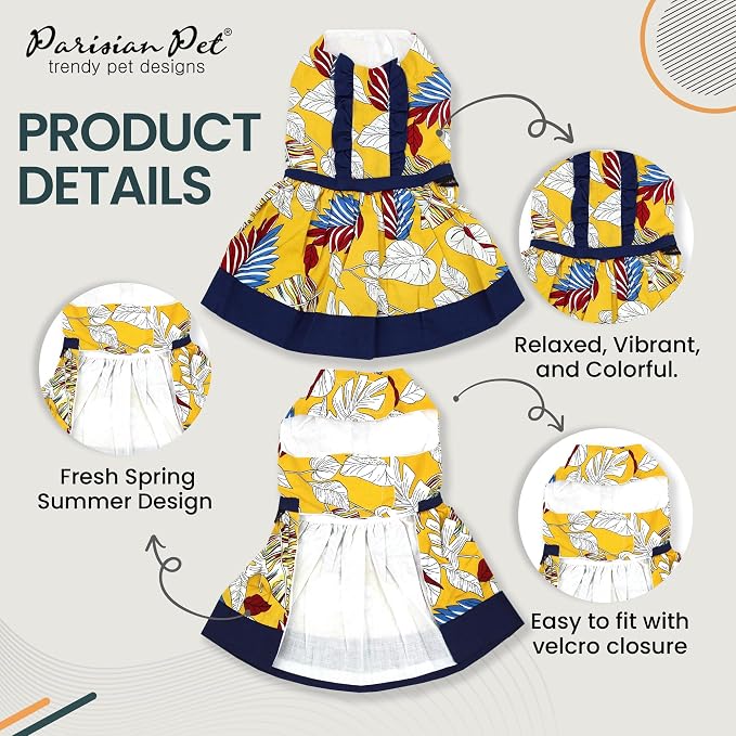 Parisian Pet Summer Dog Dress - Multicolor Clothes for Medium Dogs Girl - Pet Dress with Leaf Pattern - Stylish Printed Beach Dog Outfit - Lightweight Puppy Clothes - Sleeveless Dresses for Dogs