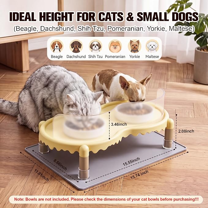 Dreyoo 2 Sets Cat Food Table with Splash Guard, Raised Cat Bowl Stand | Ant Proof Pet Tray, for Cats and Small Dogs, Raised Bowl Stand, EVA Non Slip Pads, for Home Pet Feeding