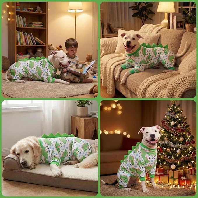 LovinPet Large Dog Pajamas, Four-Leg Stretch Onesie Bodysuit, Lightweight UV-Shielding Pajamas, Anti-Lick Calming Recovery Suit for Surgery, Pull-On for Medium and Large Breeds,White Green,XL