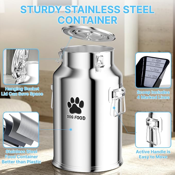 25Lbs Metal Dog Food Storage Container, Dog Food Storage Tank, Multifunctional Storage Bin with Sealed Lid and Spoon, Pet Food Storage Container for Dogs and Cats, Keeping Fresh and Easy to Clean