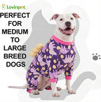 LovinPet Large Dog Pajamas, Four-Leg Stretch Onesie Bodysuit, Lightweight UV-Shielding Pajamas, Anti-Lick Calming Recovery Suit for Surgery, 3D Dino Egg Spikes, Easy on/Off， Purple， XL
