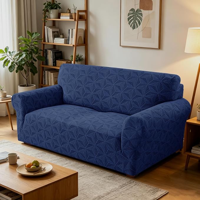 ZNSAYOTX Stretch Couch Cover, 1 Piece Sofa Covers for 2 Cushion Couch, Jacquard Loveseat Slipcovers with Elastic Bottom Thickened Furniture Protector for Dog Cat Pet (Medium, Navy Blue)