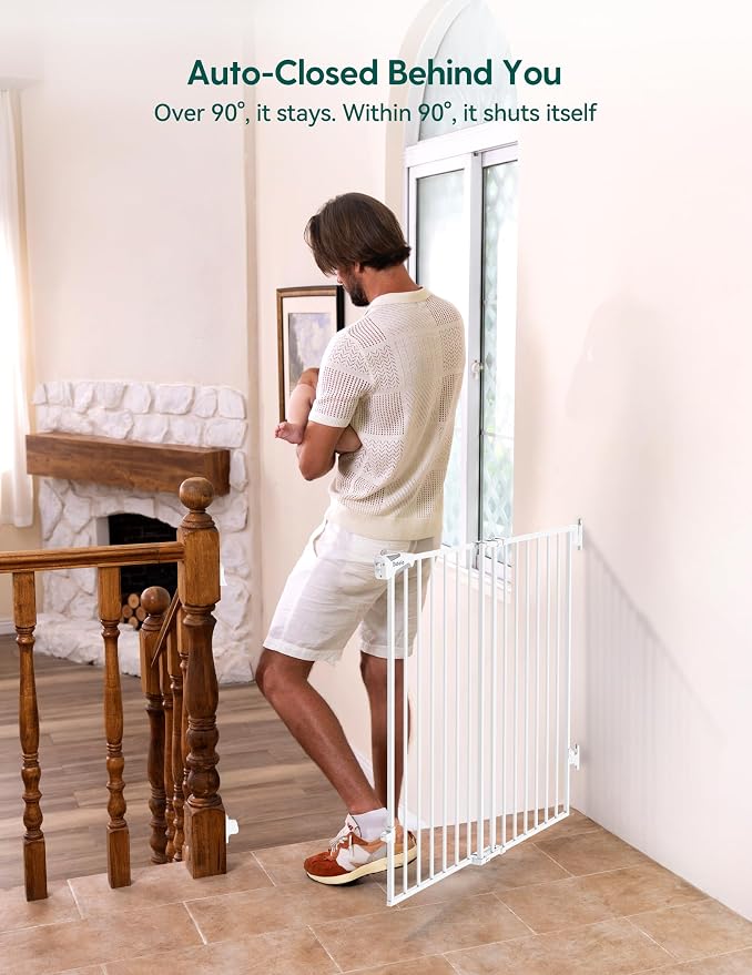 Babelio Baby Gate for Stairs, Kitchen & Doorways, No Bottom Bar| Easy Installation| One-Handed Operation| Auto-Close| Hardware Mount (Drill Needed) Safety Dog Gate (White - 2 Pcs, 26-43" W, 28" H) | Easy Install| One-handed Opening| Auto-close| Drill N...