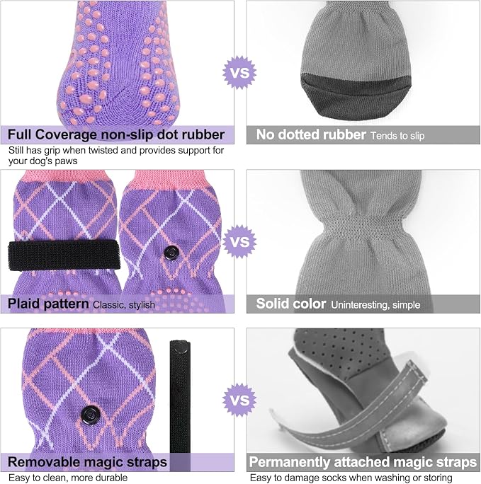 BEAUTYZOO 6PCS Dog Socks to Prevent Licking Paws, Anti Slip Dog Shoes for Hot Pavement Hardwood Floors, Traction Control Toe Grips Boots & Paw Protector for Small Medium Large Senior Dogs, Purple S