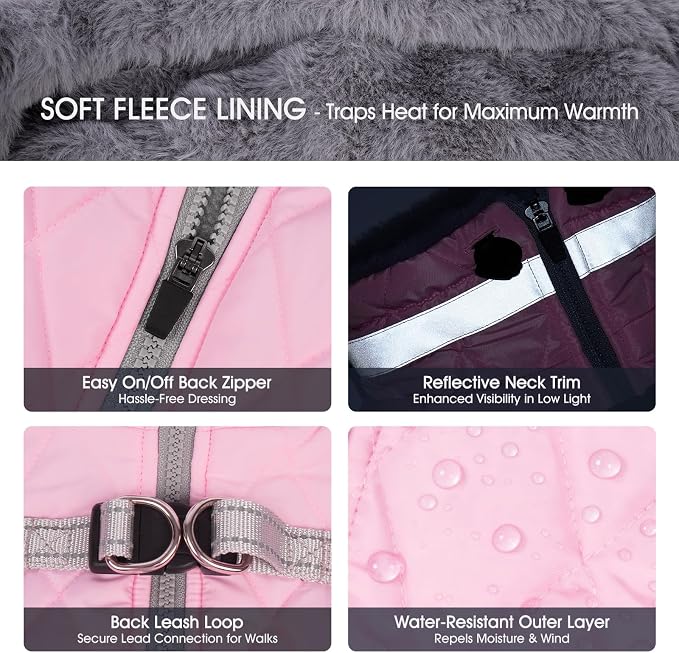 FUAMEY Dog Cold Weather Coats Reflective Dog Warm Jacket with Harness | Fleece Winter Coat for Large Dogs Snow Puffer Vests with Zipper Reflective Turtleneck Jackets for Winter Pink XXXL