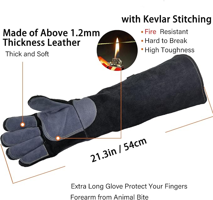 WZQH 21.3 In Gloves for Animal Handling,Welding,Bite Proof for Cat Dog.M | For Grabbing Reptile Bird Falcon Livestock Snake,Grooming,Trips to Vet,Fireplace.Puncture & Scratch Resistant,Leather,Black