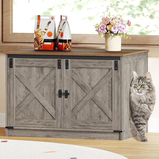 Hzuaneri Cat Litter Box Enclosure, Hidden Litter Box Furniture with Divider | Wooden Cat Cabinet with Removable Dividers, Reversible Entrance Left or Right Side, Cat Washroom, Greige CB84605X