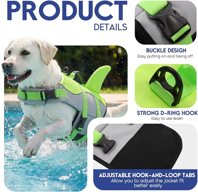 ASENKU Dog Life Jacket - Pet Safety Vest for Swimming & Boating, Shark Life Jacket with Floatation, Dog Lifesavers Swimsuits for Small Medium Large Dogs (Green, S)
