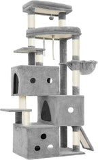 Heybly Cat Tree, 74-Inch Streamlined Cat Tower for Large Cats HCT061W | Cat Furniture with 3-Tier Stacked Condos, Large Perch, Sturdy Base, Full Sisal Scratching Posts & Ramp, Light Gray