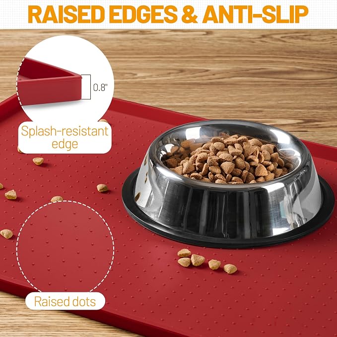 Hubulk Dog Feeding Mat,100% Waterproof Food Grade Silicone Pet Food and Water Bowl Placemat,Dishwasher, High Raised Edge to Prevent Spills,Nonslip Tray to Stop Messes on Floor（28"x18"x0.8", Red）