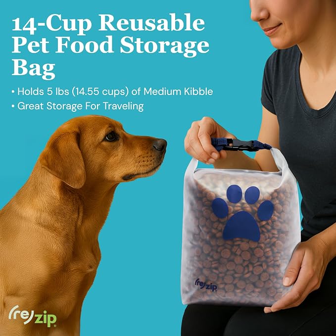 (re)zip Roll Top Pet Food Storage Bag (14-Cup) | BPA-Free, Food Grade, Pet Safe, Travel-Friendly | Keeps Kibble Fresh for Camping, Dog Boarding, Weekend Getaways | Machine Washable | Cobalt Blue
