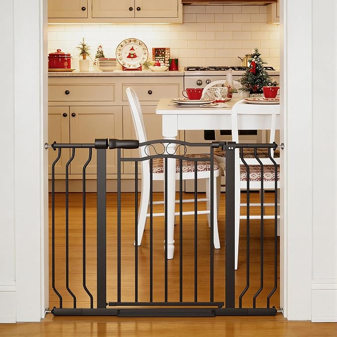 29.53"-43.30" Mornyray Auto-Close Baby Gate Extra Wide, Pressure Mounted Dog & Pet Gate for Stairs Doorways, No Drill Safety Barrier with Lace Design, Metal Child Proof Gate Indoor Outdoor, Black