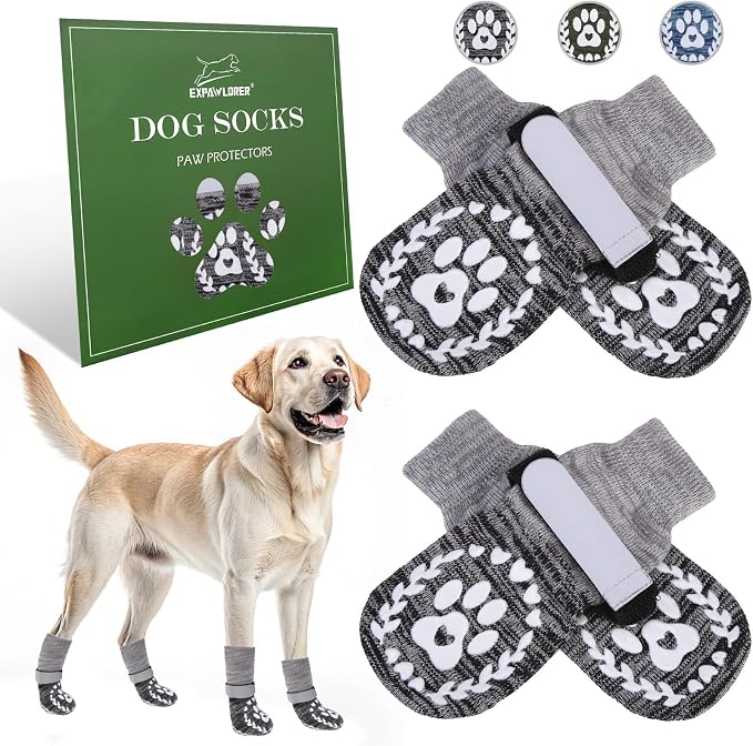 EXPAWLORER Dog Socks to Prevent Licking and Slipping, Summer Dog Shoes for Hot Pavement, Paw Protectors for Hardwood Floors Anti-Slip, Dog Booties for Small Medium Large Senior Dogs, Black Grey L