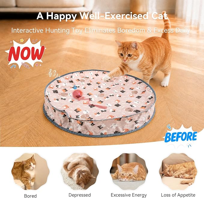 Cheerble Interactive Cat Toys 2 in 1, Automatic Moving Cat Ball with Tail & 7 Holes Play Mat, Hide and Seek Mouse Catching Game for Indoor Cats, Motion Activated Rechargeable Chirping Kitten Toys