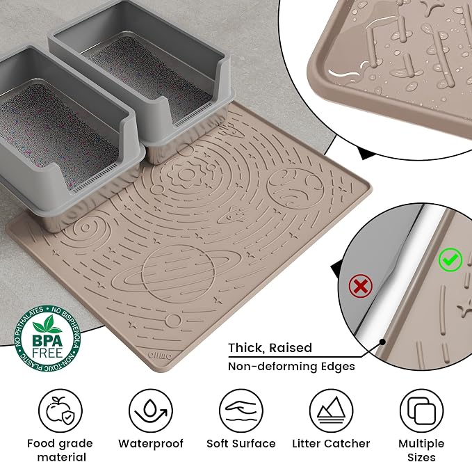 Cat Litter Mat Large Litter Box Mat, 31.5x23.6 Beige, Premium BPA-Free Silicone Rubber Kitty Litter Mat for Litter Box, High Edge Scatter Control Non-Slip Waterproof Litter Trapping Mat