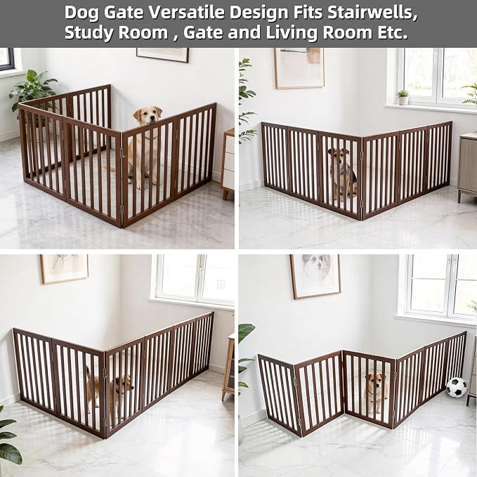 Dog Gate Indoor, Freestanding Dog Fence for The House, Doorways, Hallways,or Stairs,Pet Gate Foldable Wooden,Expandable 24" Height 6 Panels,Brown